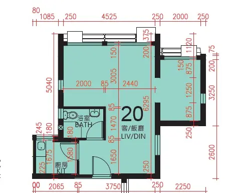 安來邨 2房（無露台）20型 平面圖