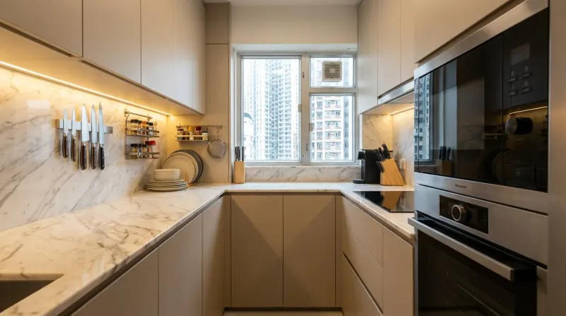 公屋輕奢風開放式廚房：雲石牆身、淺色無縫廚櫃配暗藏燈帶，極致空間運用