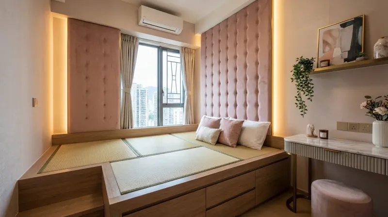 香港居屋輕奢風睡房設計：地台床、天鵝絨床頭板配特色吊燈，打造星級酒店感覺